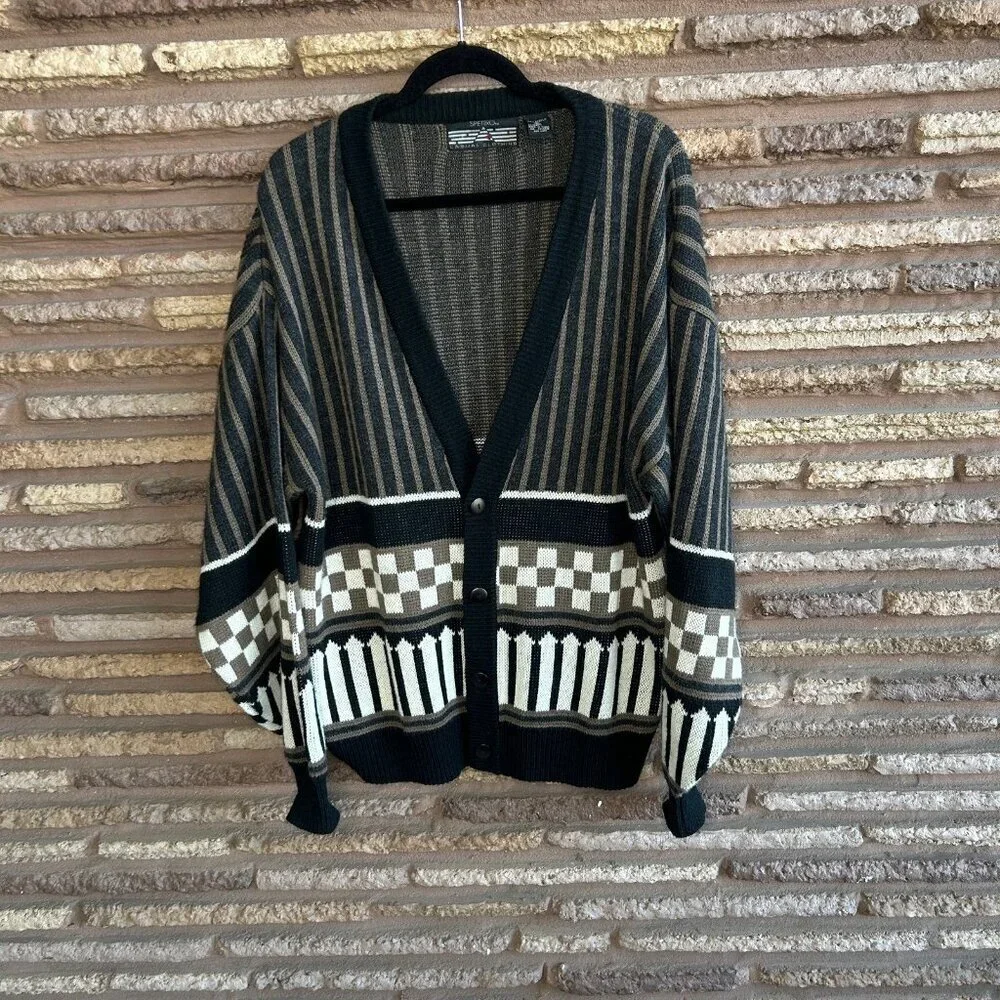 Vintage 80s 90s Men's Dad Grandpa Spettro Geometric Cardigan Sweater Size XL